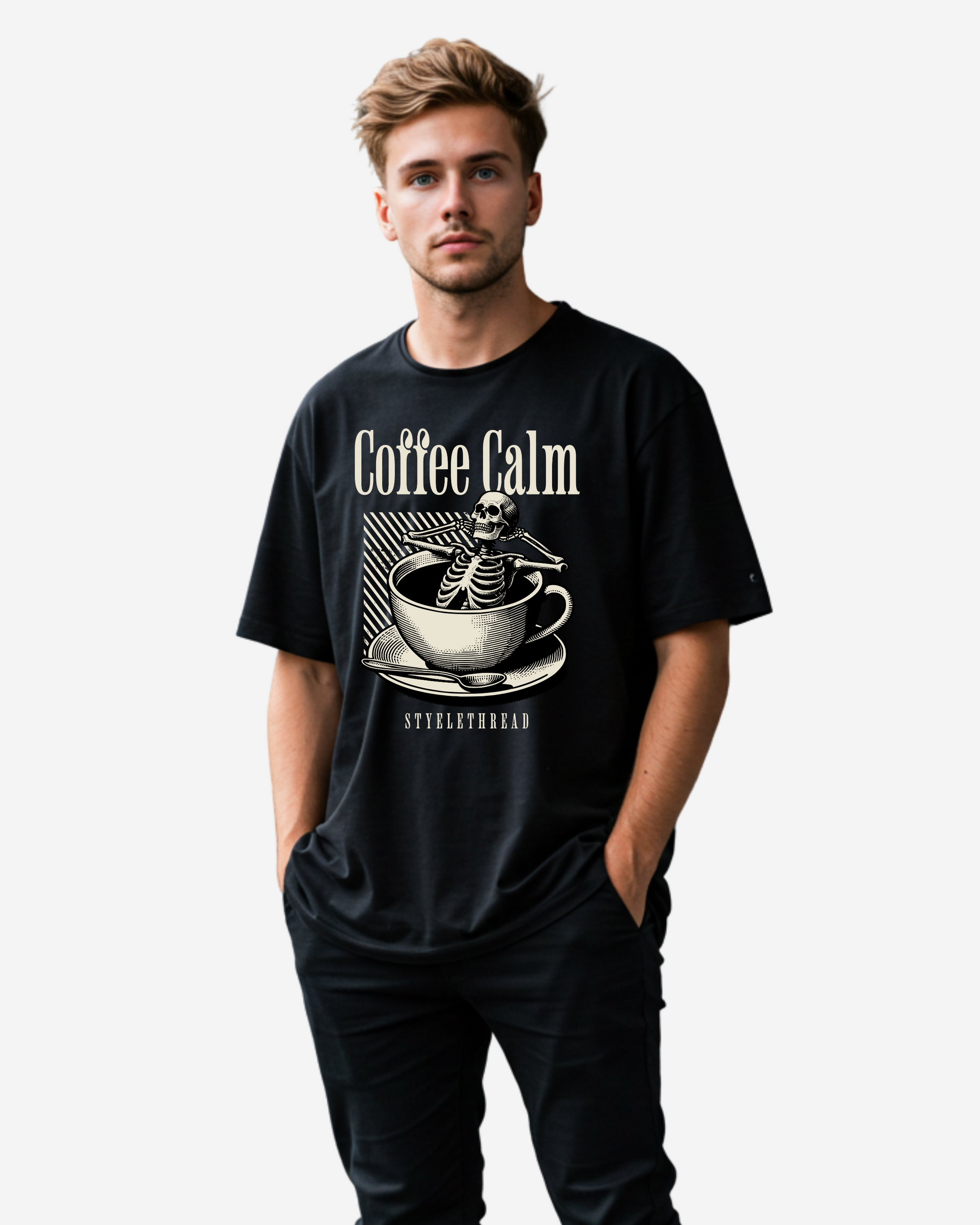 Skeleton Relax in Coffee Cup Men's Oversized T-Shirt